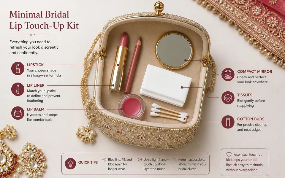 Flatlay of a small bridal clutch opened to show a lipstick, matching lip liner, compact mirror, tissues, cotton buds and a small lip balm arranged neatly.