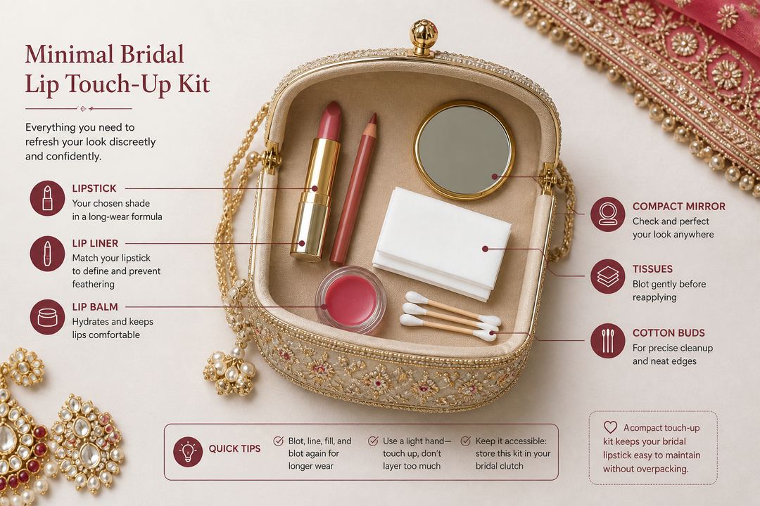 AI-generated illustration: Flatlay of a small bridal clutch opened to show a lipstick, matching lip liner, compact mirror, tissues, cotton buds and a small lip balm arranged neatly.