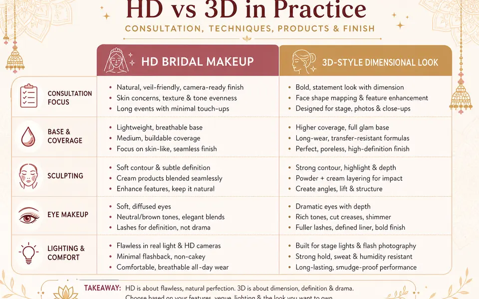 Infographic comparing HD bridal makeup and a stronger dimensional 3D-style look across consultation, techniques, products and finish.