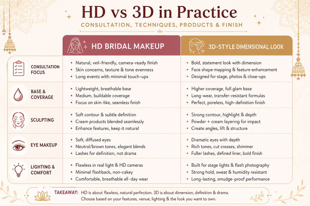 Infographic comparing HD bridal makeup and a stronger dimensional 3D-style look across consultation, techniques, products and finish.