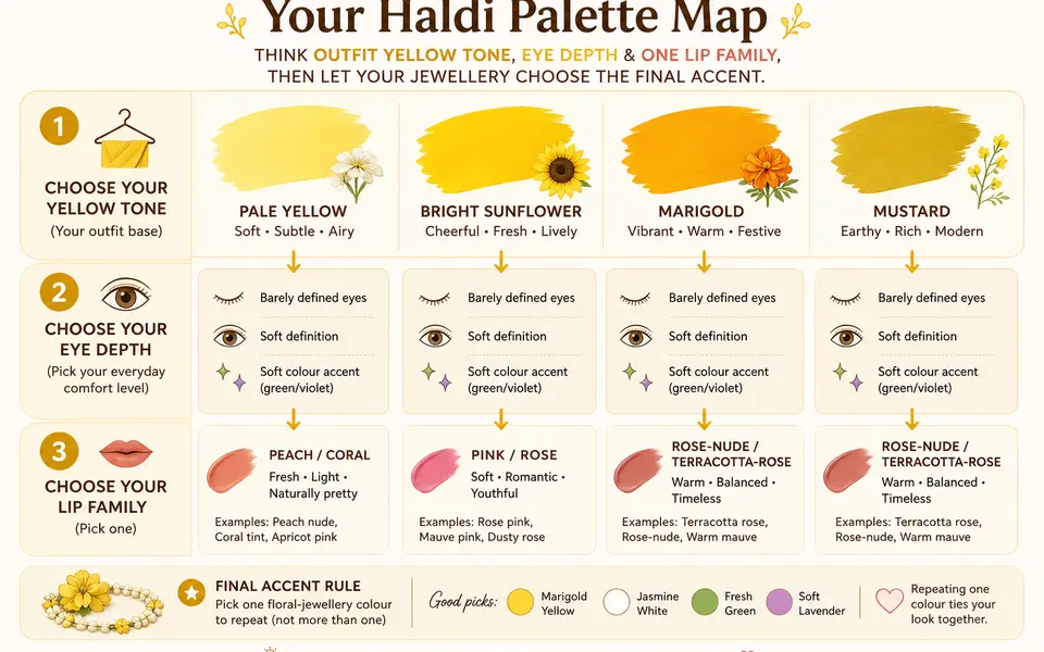 Infographic showing a three-step haldi palette map: choose yellow tone, choose eye depth, then choose lip family.