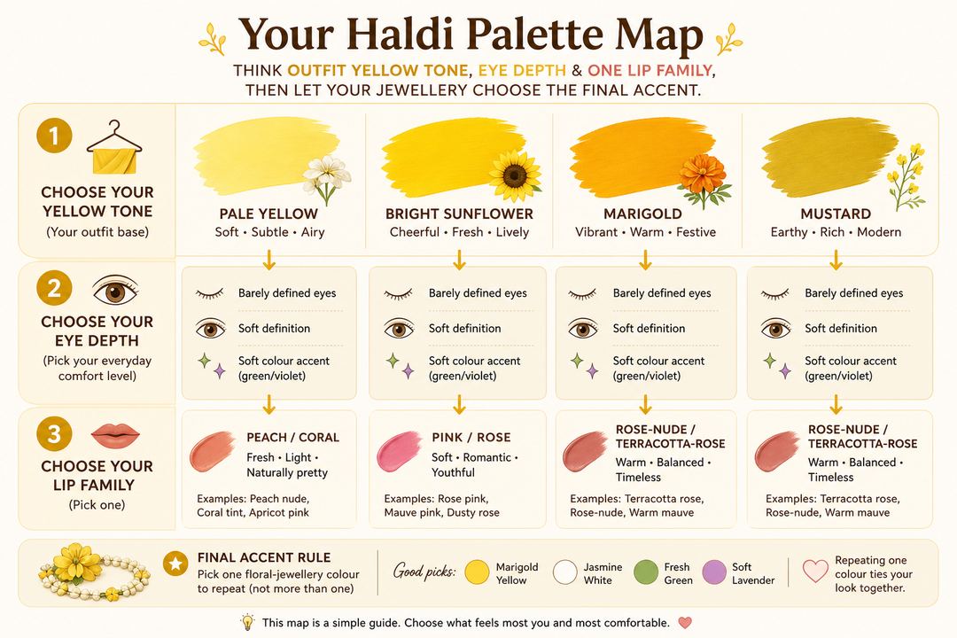 AI-generated illustration: Infographic showing a three-step haldi palette map: choose yellow tone, choose eye depth, then choose lip family.