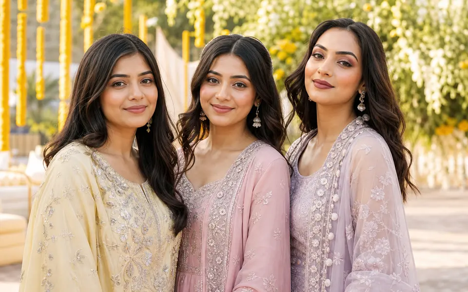 Three Indian bridesmaids at a daytime mehendi function wearing pastel outfits and soft daytime makeup with fresh skin and gentle eye definition.