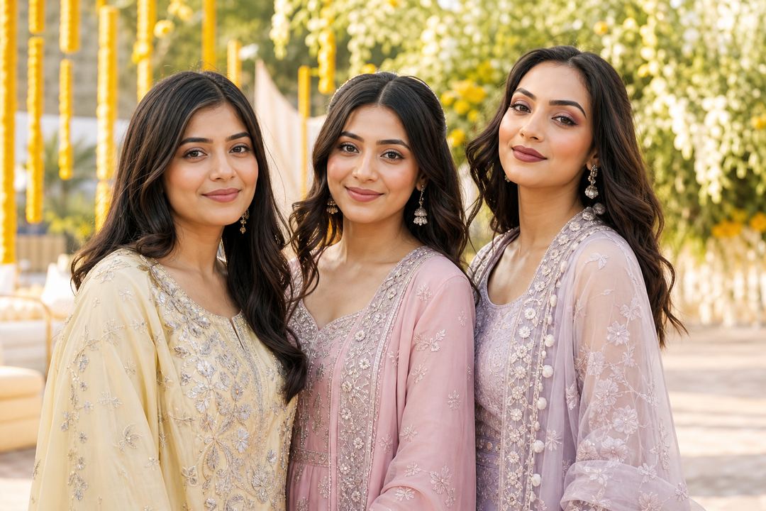 AI-generated illustration: Three Indian bridesmaids at a daytime mehendi function wearing pastel outfits and soft daytime makeup with fresh skin and gentle eye definition.