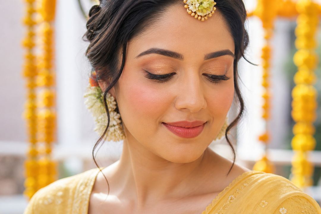 AI-generated illustration: Close-up of an Indian bride in a butter-yellow outfit with sheer gold eyeshadow, soft brown liner and peachy nude lips.
