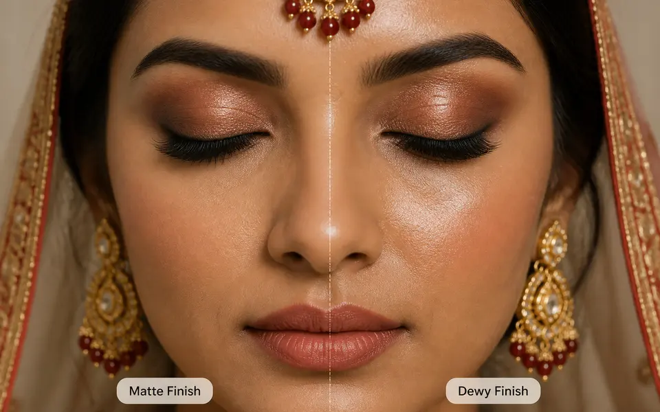 Close-up of an Indian bride’s face with one side finished matte and the other side softly dewy to show the difference in shine and texture.
