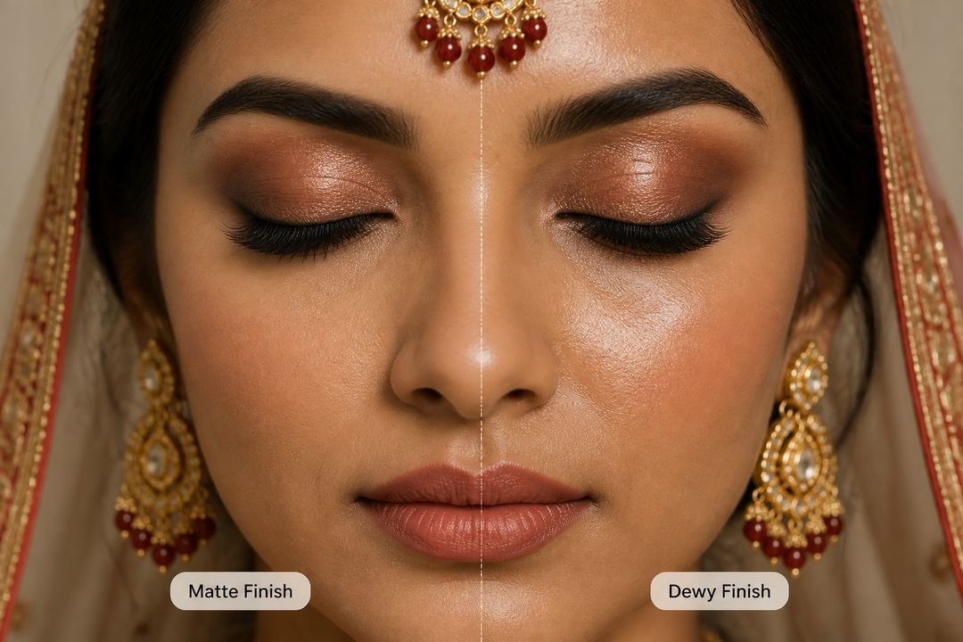 AI-generated illustration: Close-up of an Indian bride’s face with one side finished matte and the other side softly dewy to show the difference in shine and texture.
