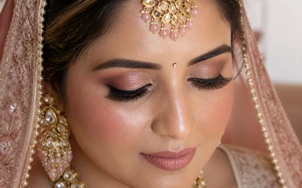 Close-up of an Indian bride’s face showing a smooth, skin-like HD makeup finish under bright lighting.
