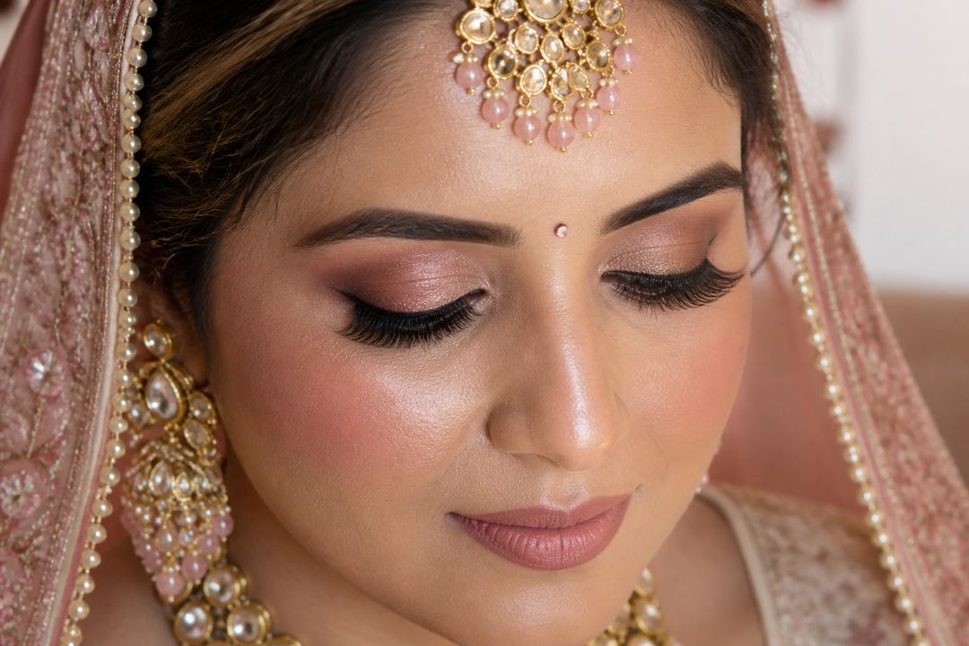 Close-up of an Indian bride’s face showing a smooth, skin-like HD makeup finish under bright lighting.