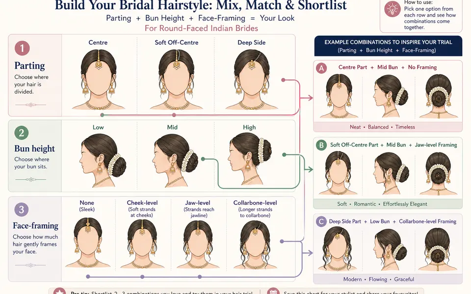 Simple decision chart showing how centre or side partings, bun height and face-framing length can be combined for round-faced Indian brides.