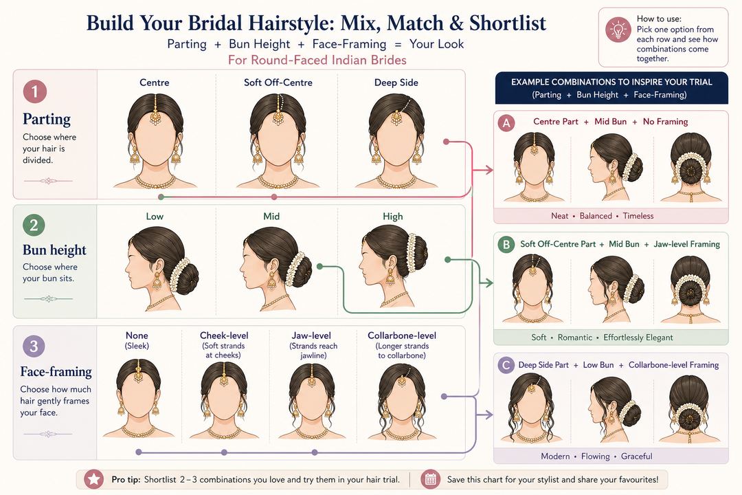 AI-generated illustration: Simple decision chart showing how centre or side partings, bun height and face-framing length can be combined for round-faced Indian brides.