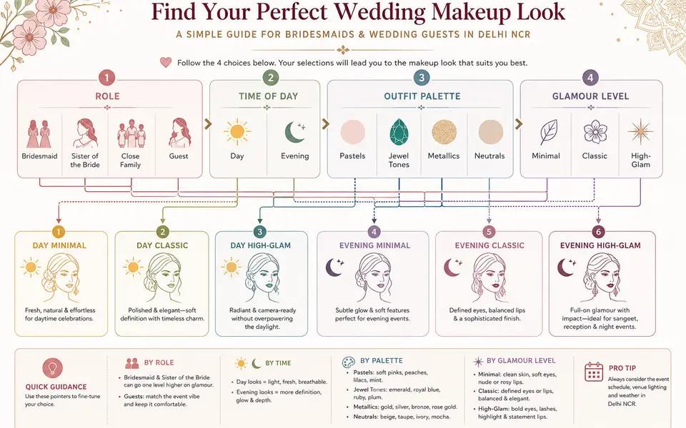 Infographic showing Indian bridesmaids and guests choosing makeup looks by role in the wedding, time of day, outfit palette and desired glamour level.