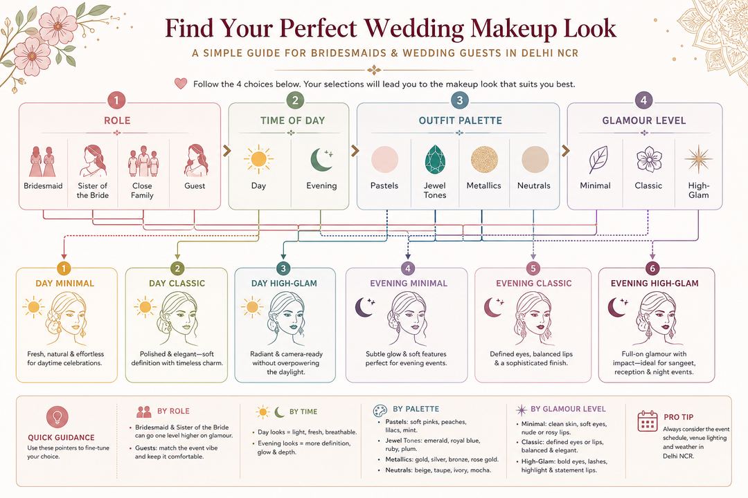 AI-generated illustration: Infographic showing Indian bridesmaids and guests choosing makeup looks by role in the wedding, time of day, outfit palette and desired glamour level.