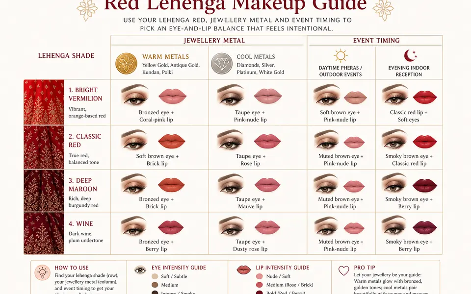 Visual chart matching red lehenga shades and jewellery metals with eye and lip intensity suggestions for day and night weddings.