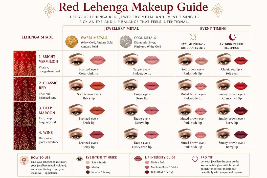 AI-generated illustration: Visual chart matching red lehenga shades and jewellery metals with eye and lip intensity suggestions for day and night weddings.