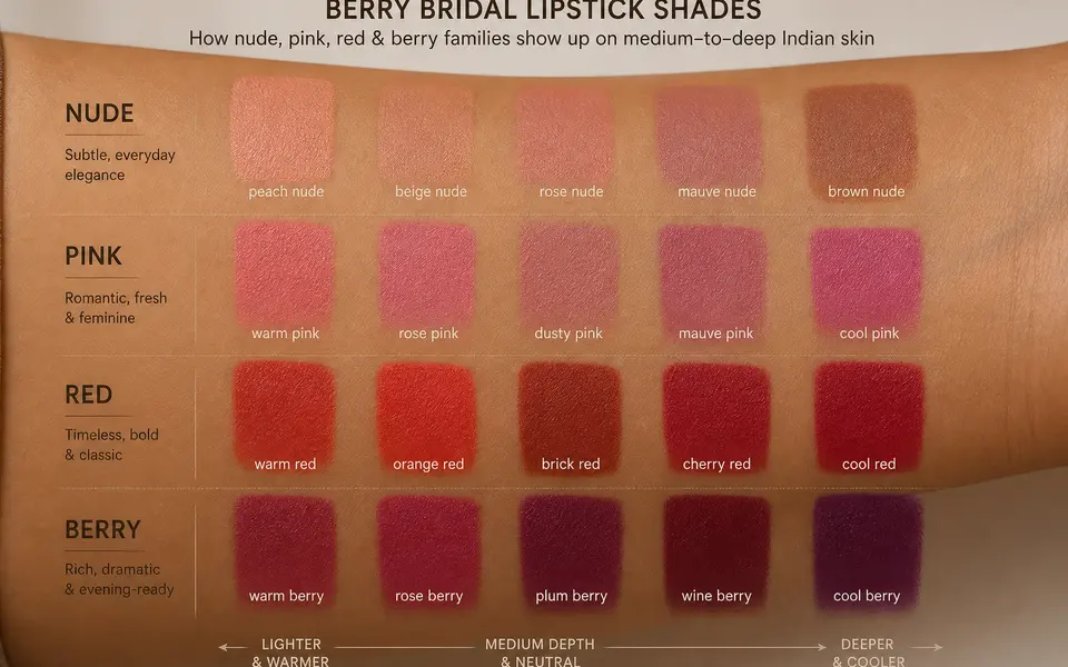 Close-up swatches of nude, pink, red and berry lipstick shades on medium-to-deep Indian skin, labelled by undertone and depth.