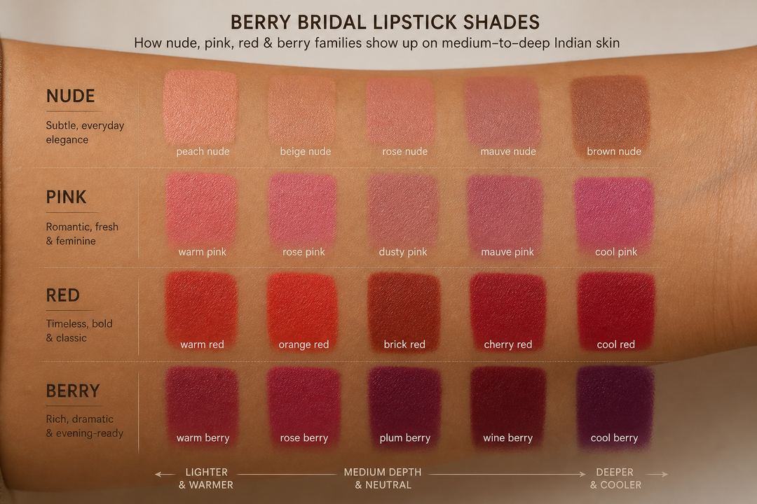 AI-generated illustration: Close-up swatches of nude, pink, red and berry lipstick shades on medium-to-deep Indian skin, labelled by undertone and depth.
