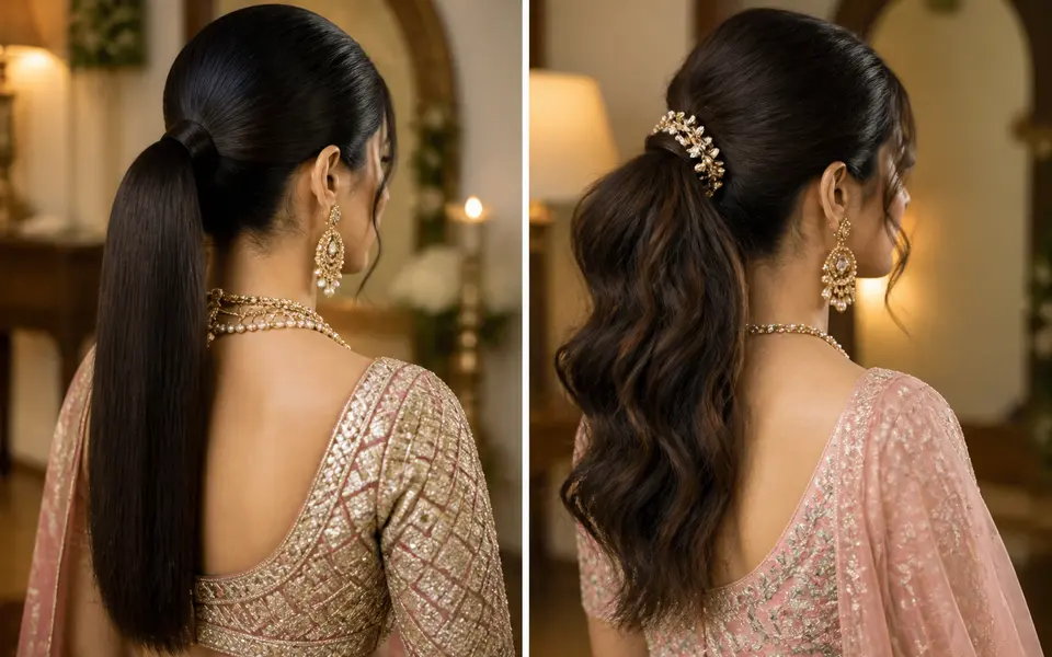 Side-by-side views of an Indian bride with a sleek bridal ponytail and a textured bridal ponytail.