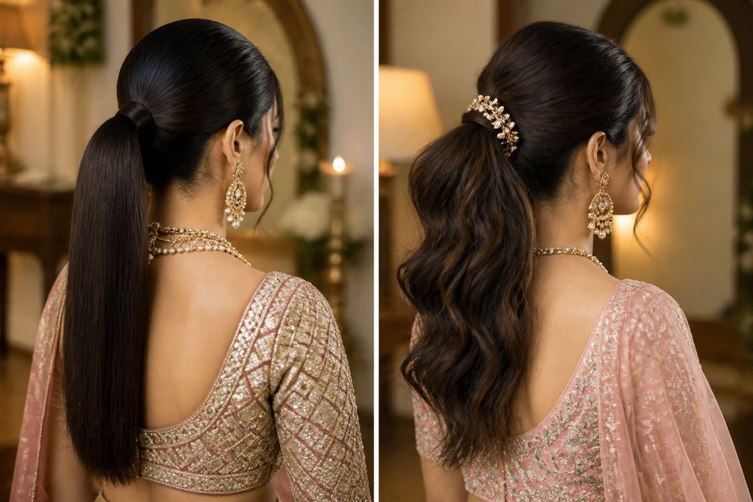 AI-generated illustration: Side-by-side views of an Indian bride with a sleek bridal ponytail and a textured bridal ponytail.