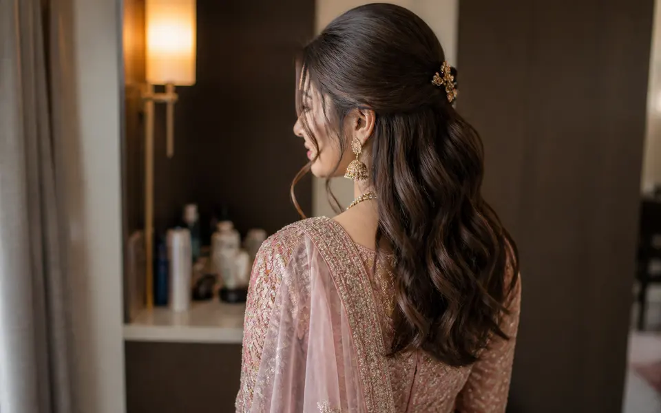 Indian bride with fine, wavy hair in a half-up style with gentle volume at the crown and soft waves over her shoulders.