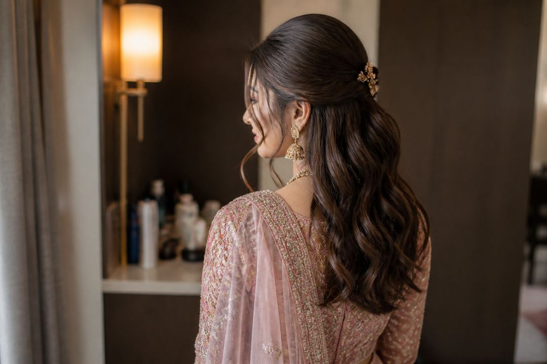 AI-generated illustration: Indian bride with fine, wavy hair in a half-up style with gentle volume at the crown and soft waves over her shoulders.