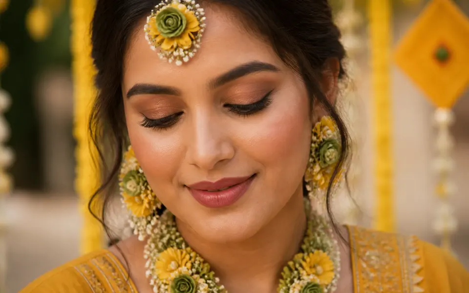 Close-up of an Indian bride in a mustard-yellow outfit with muted green liner and rose-nude lipstick.