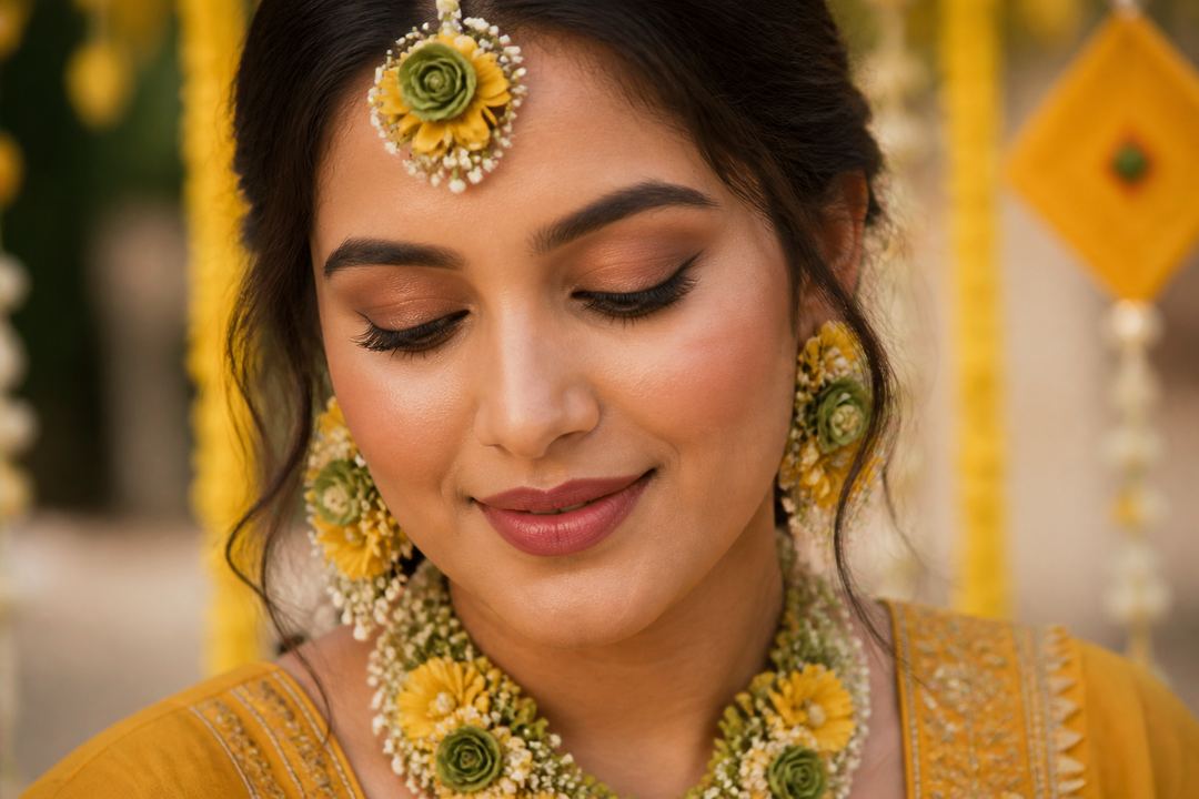 AI-generated illustration: Close-up of an Indian bride in a mustard-yellow outfit with muted green liner and rose-nude lipstick.