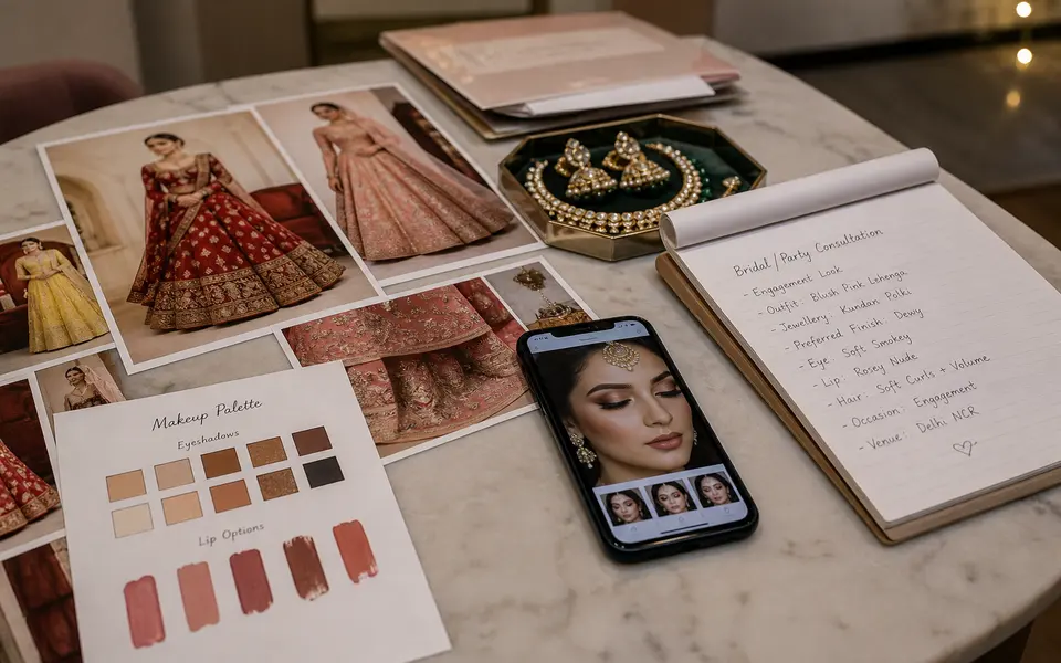 A consultation table with printed outfit photos, jewellery, and a phone showing makeup inspiration images, while a makeup artist takes notes.