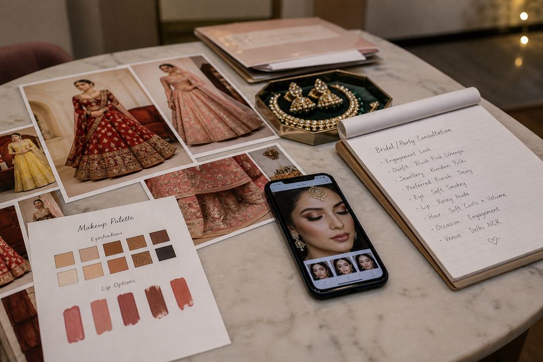 AI-generated illustration: A consultation table with printed outfit photos, jewellery, and a phone showing makeup inspiration images, while a makeup artist takes notes.