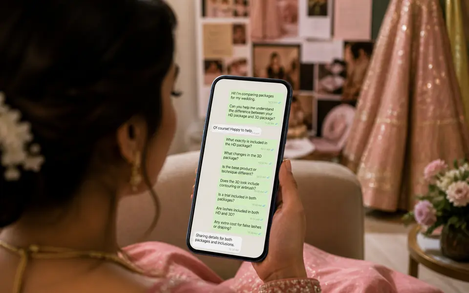 Bride messaging a makeup artist on her phone to clarify HD vs 3D package details and inclusions.