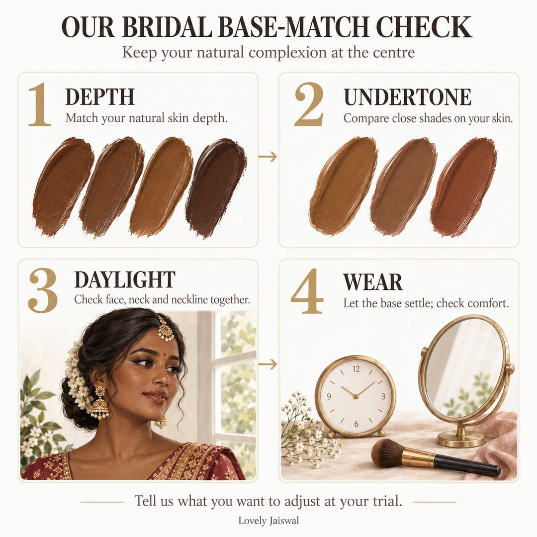 Four bridal base checks: match natural skin depth, compare undertones, check face and neck together in daylight, and let the base settle before assessing comfort.