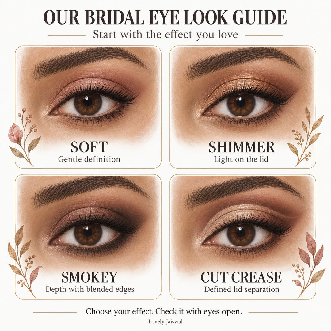 Illustrated comparison of soft eye definition, shimmer on the lid, smokey eyes with blended edges, and a cut crease with defined lid separation. Check the chosen effect with eyes open.