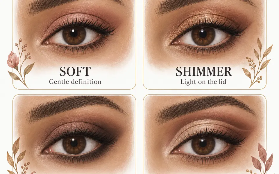 Illustrated comparison of soft eye definition, shimmer on the lid, smokey eyes with blended edges, and a cut crease with defined lid separation. Check the chosen effect with eyes open.
