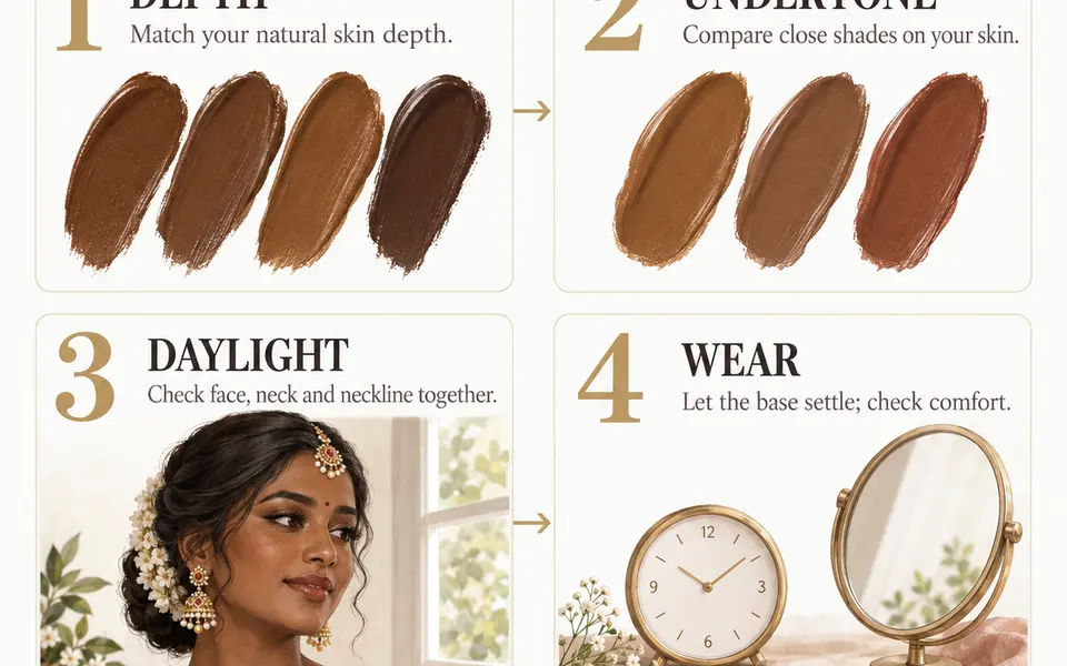 Four bridal base checks: match natural skin depth, compare undertones, check face and neck together in daylight, and let the base settle before assessing comfort.