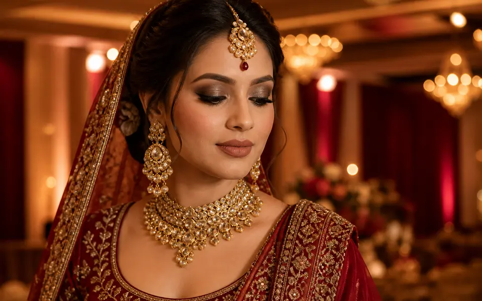 Bride in a maroon red lehenga with smoky brown eye makeup and a soft nude lipstick at an indoor reception.