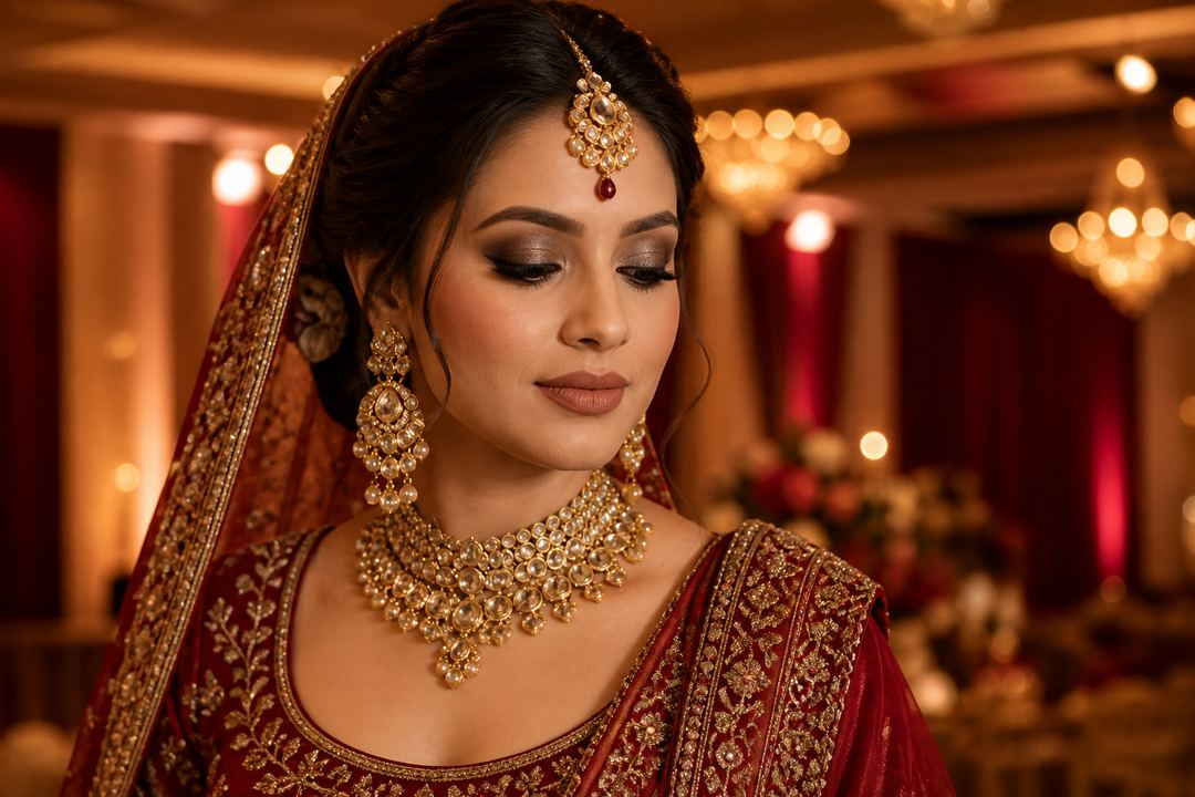 AI-generated illustration: Bride in a maroon red lehenga with smoky brown eye makeup and a soft nude lipstick at an indoor reception.