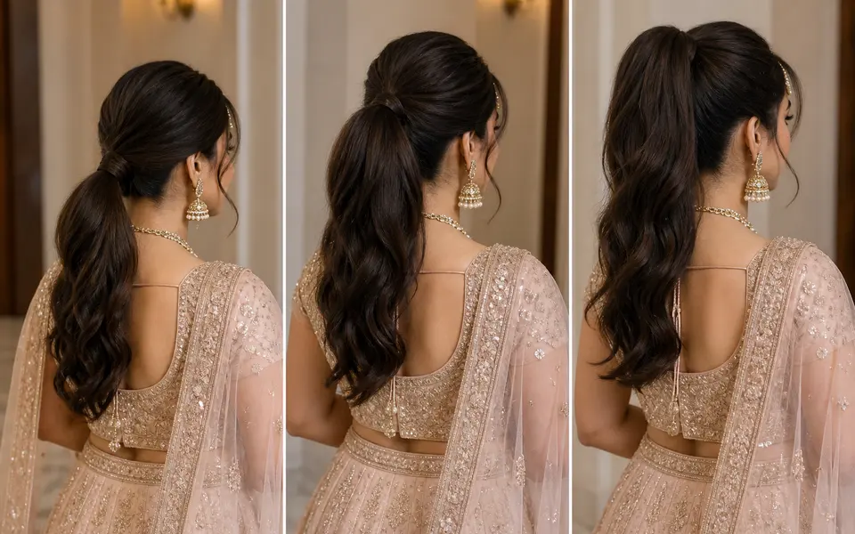 Three views of an Indian bride showing low, mid and high bridal ponytail placements from the back and side.