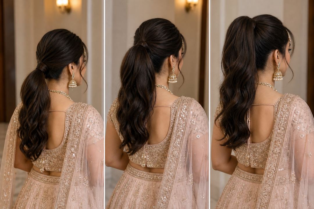 AI-generated illustration: Three views of an Indian bride showing low, mid and high bridal ponytail placements from the back and side.