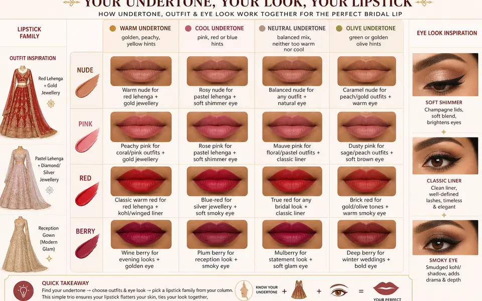 Infographic showing nude, pink, red and berry bridal lipstick options arranged against warm, cool, neutral and olive undertones, with outfit and eye look examples for Indian brides.