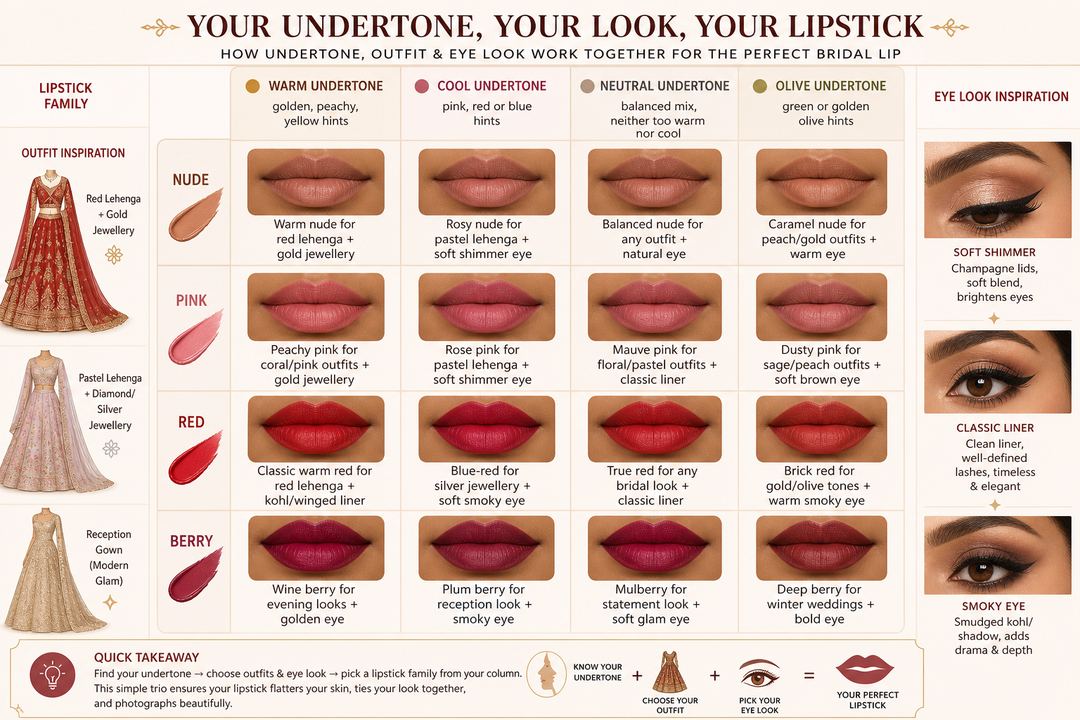 AI-generated illustration: Infographic showing nude, pink, red and berry bridal lipstick options arranged against warm, cool, neutral and olive undertones, with outfit and eye look examples for Indian brides.
