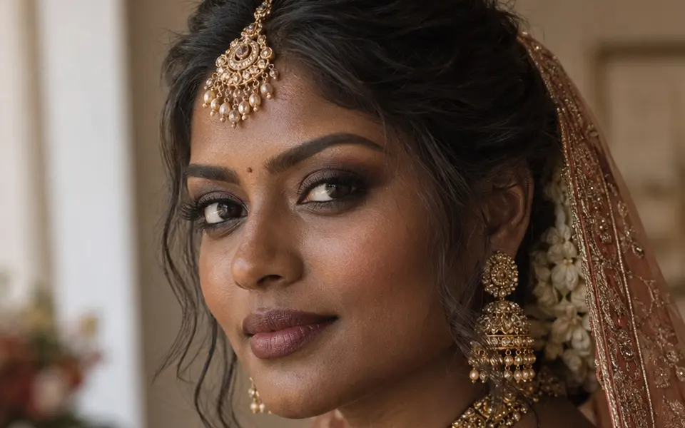 Illustration of a bride with deep brown skin, neutral eyes and berry-brown lips.