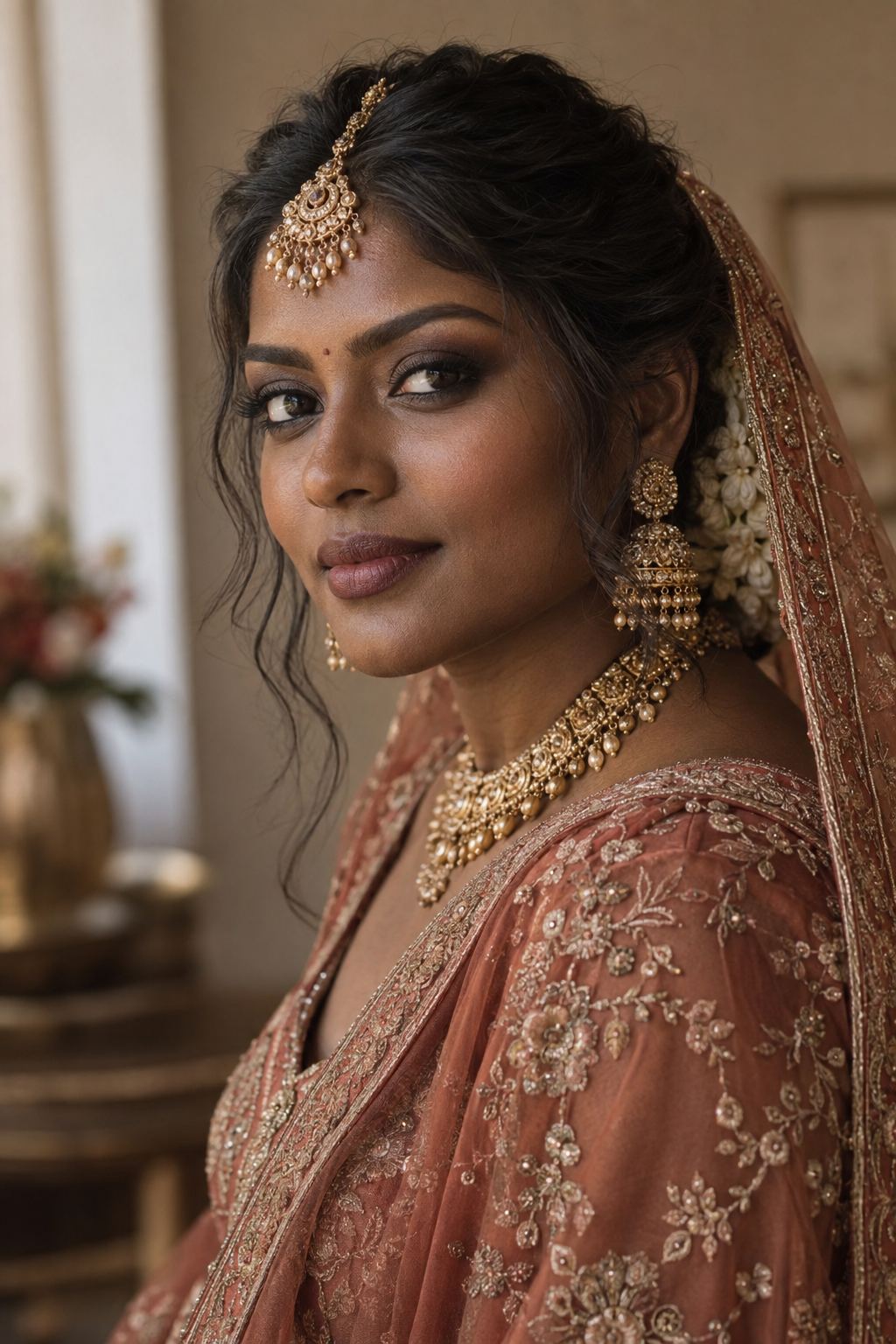Concept illustration of a bride with deep brown skin, neutral eyes and berry-brown lips.