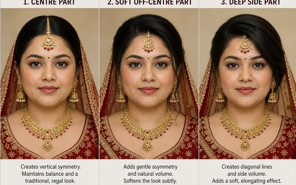 Front-view comparison of an Indian bride with a rounder face wearing a maang tikka, shown in three panels with a centre part, soft off-centre part and deep side part.