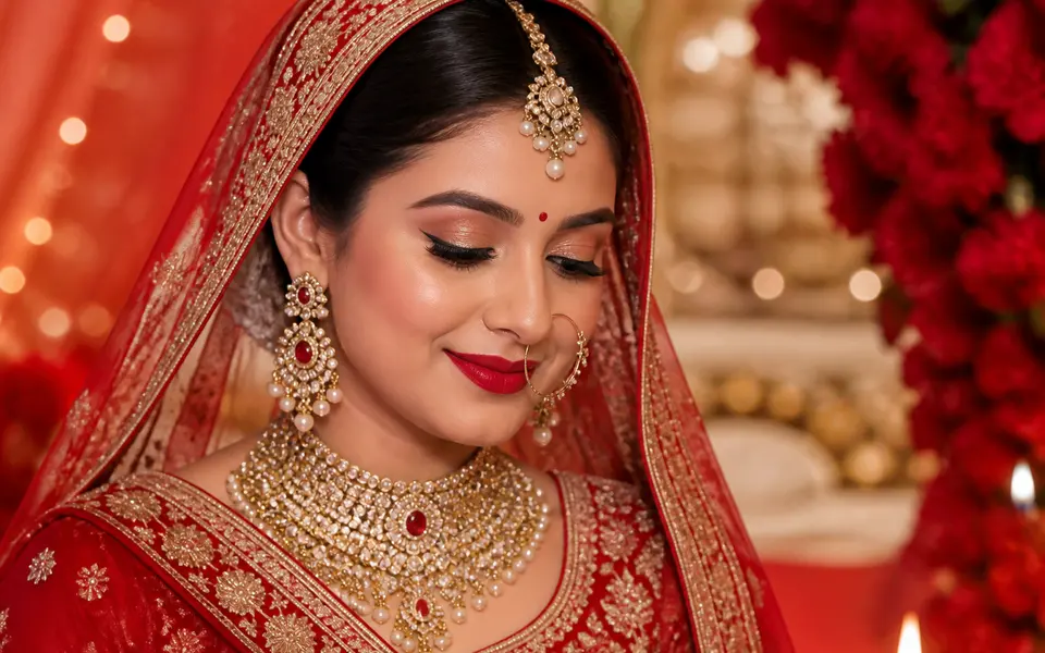 Indian bride in a classic red lehenga with clean black liner and a bold red lipstick, standing under wedding decor.