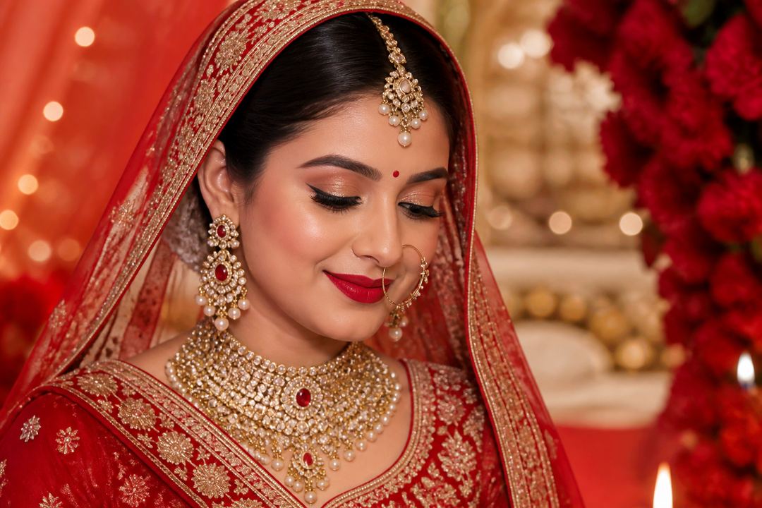 AI-generated illustration: Indian bride in a classic red lehenga with clean black liner and a bold red lipstick, standing under wedding decor.