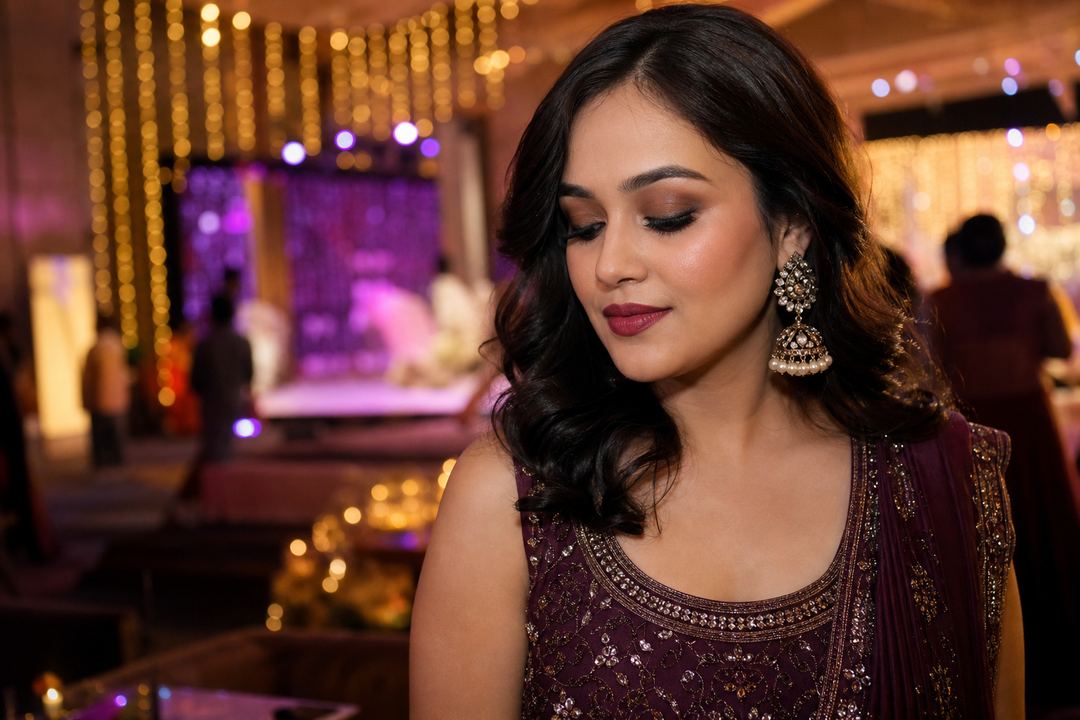 AI-generated illustration: Indian wedding guest at an evening sangeet wearing a jewel-toned lehenga with classic brown smokey eyes and a balanced berry lip.