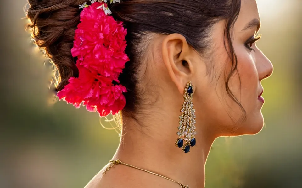 Side view of a pinned updo with pink flowers, illustrating accessory placement.