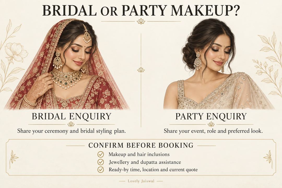 AI-generated illustration: Bridal and party makeup enquiry options and a checklist to confirm inclusions, styling assistance, time, location and quote.