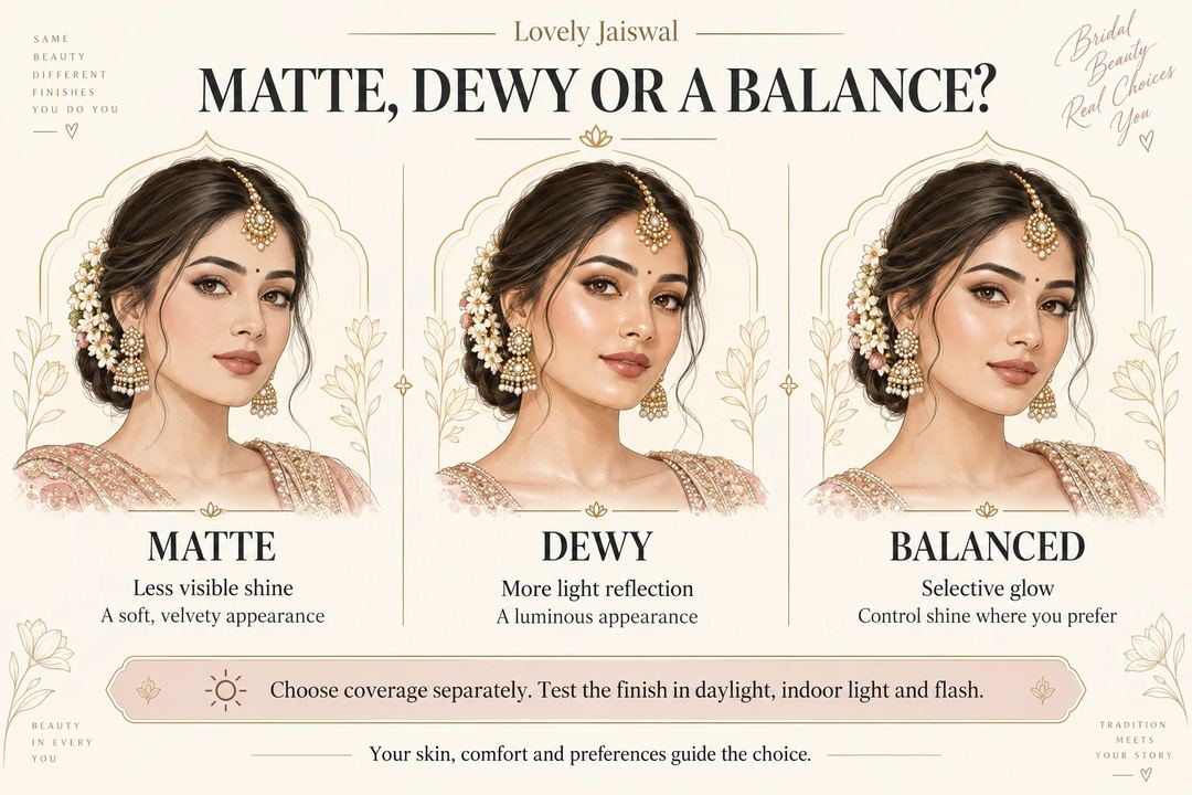 AI-generated illustration: Matte, dewy and balanced finishes compared by visible shine, with a reminder to test different lighting.