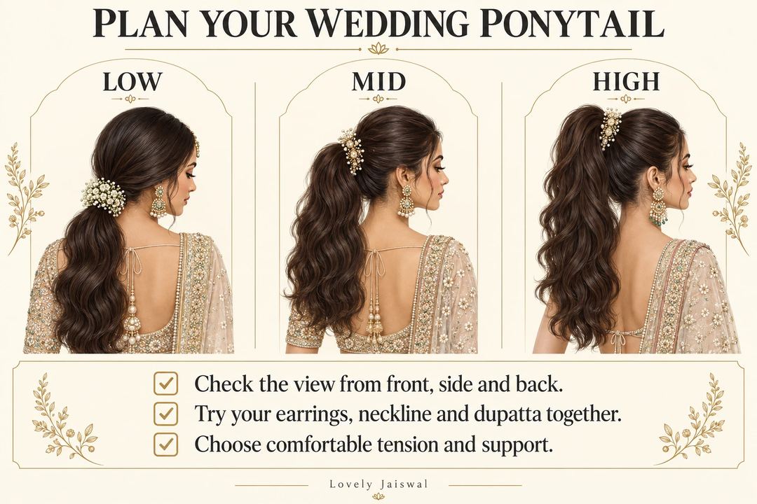 AI-generated illustration: Low, mid and high wedding ponytails with a checklist for views, accessories and comfortable tension.